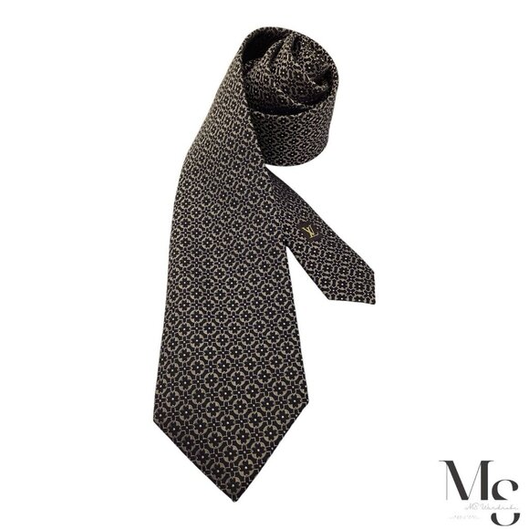 LOUIS VUITTON Black & Gold Geometric Silk Tie Made In Italy W:3.75" NWOT